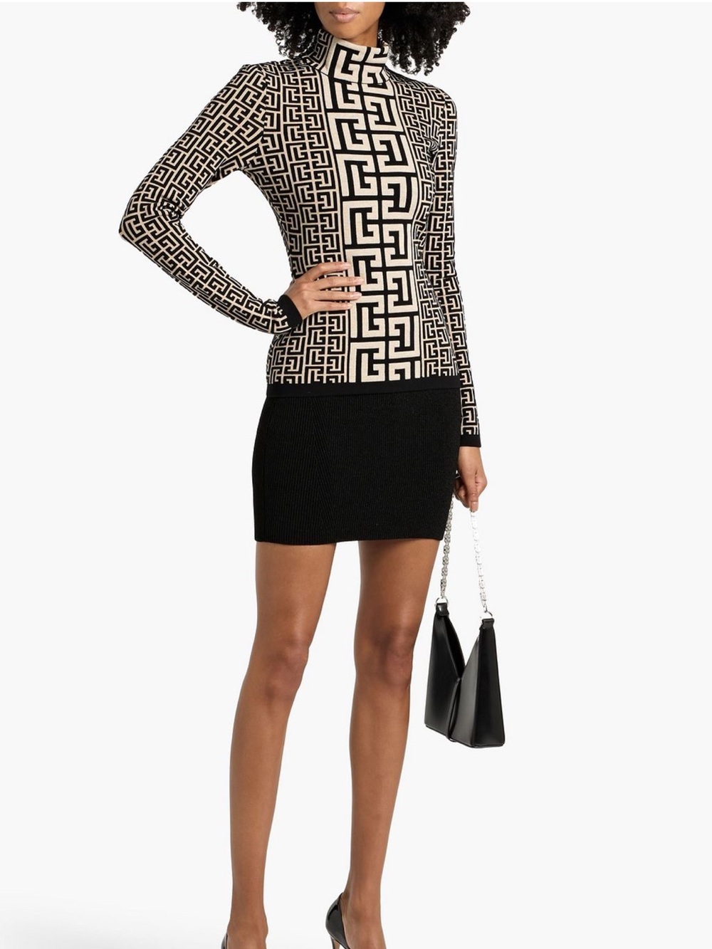 Balmain Cream and Black Geometric Turtleneck Sweater new